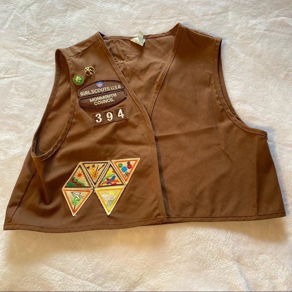 Vintage Girls Scouts USA Brownies Vest Pins Monmouth Council Y2K Brown Large